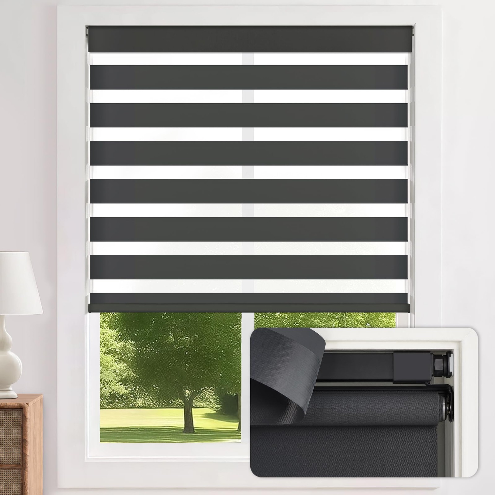 LazBlinds No-Drill Cordless Zebra Blinds 34×48 Dual Layer Light Filter Room Dark