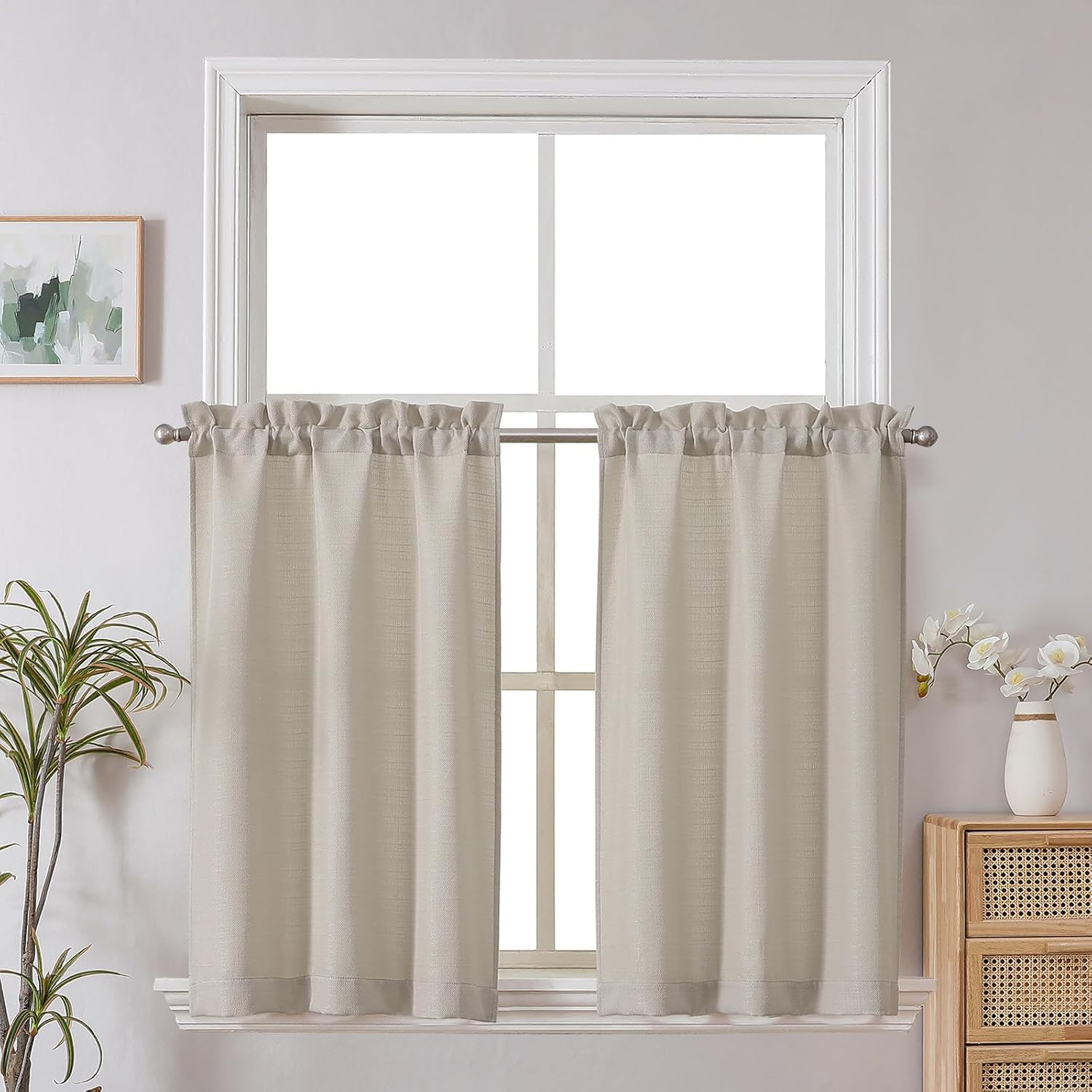 2 Panels Kitchen Curtains 36 Inch Length, Faux Linen Textured Small Cafe Curtain