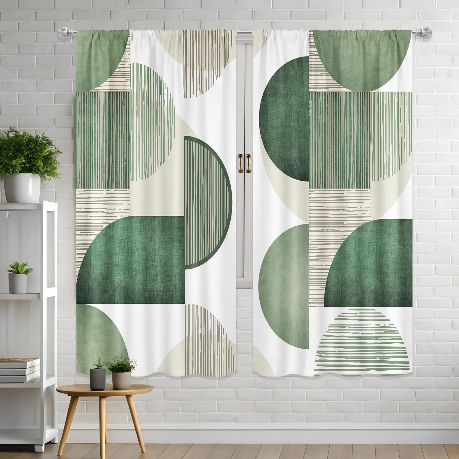 Abstract Geometric Green Curtains 42Wx63H Inch Rod Pocket Modern Minimalist S…