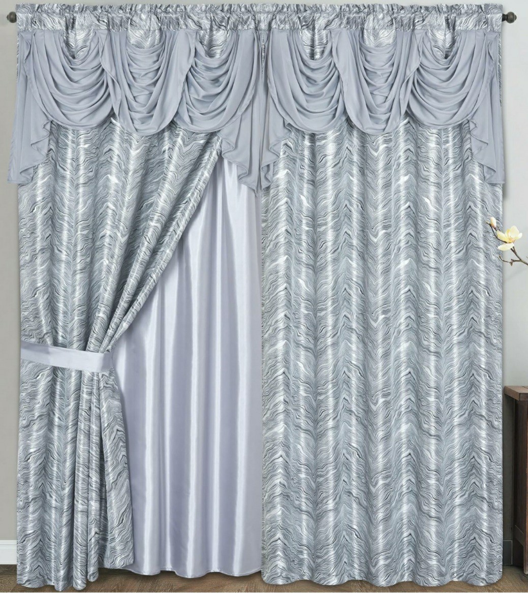 🌞Marble Jacquard Curtains- 54″ Wx90″L W/Attached 18″ Valance & Tie-backs-New!