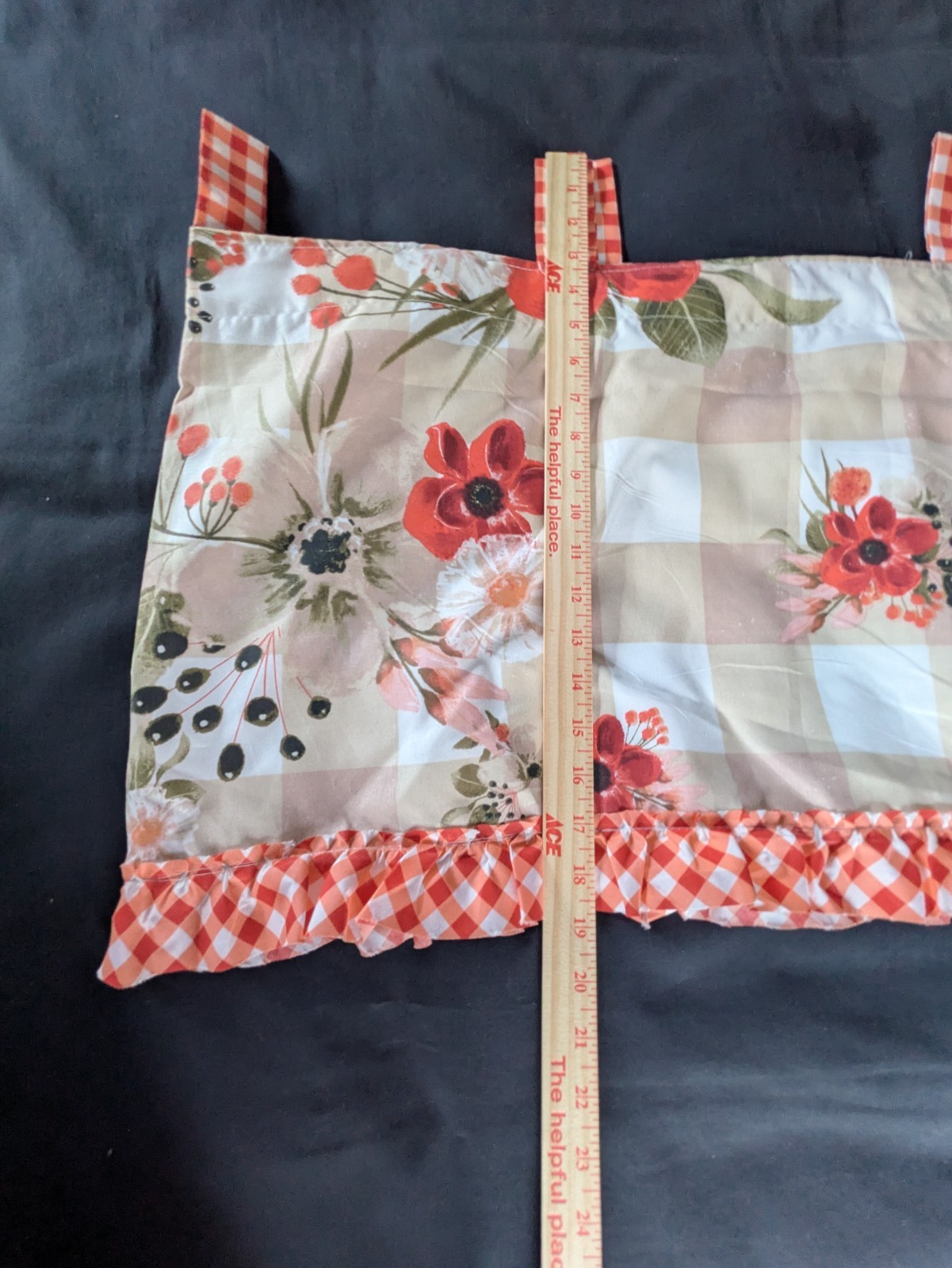 Gingham Floral Tab Top Valance Red Beige Checked Poppies Country 19″ x 83″
