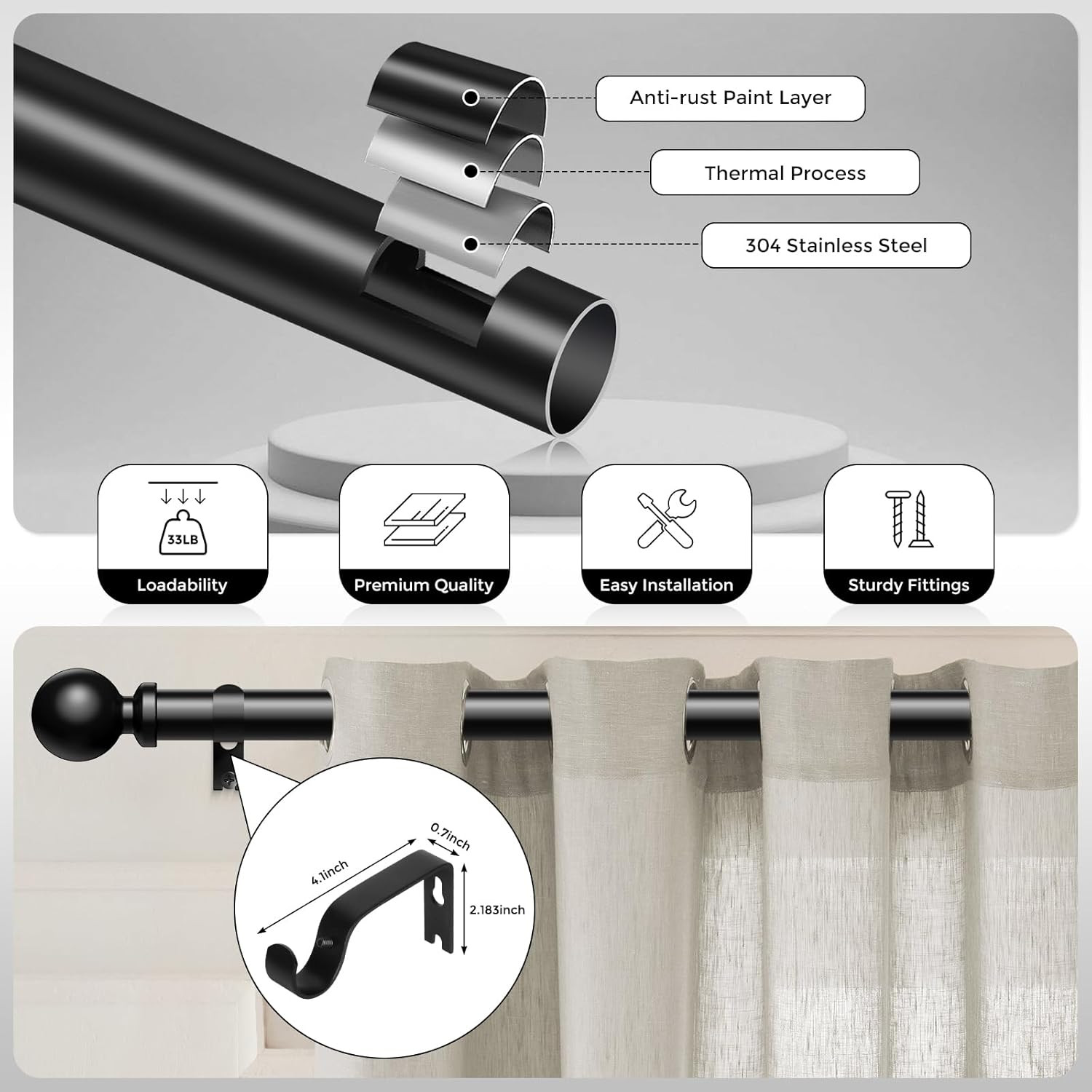 Long Curtain Rods 36-122 Inch, Black 1 Inch Adjustable Heavy Duty Curtain Rods f