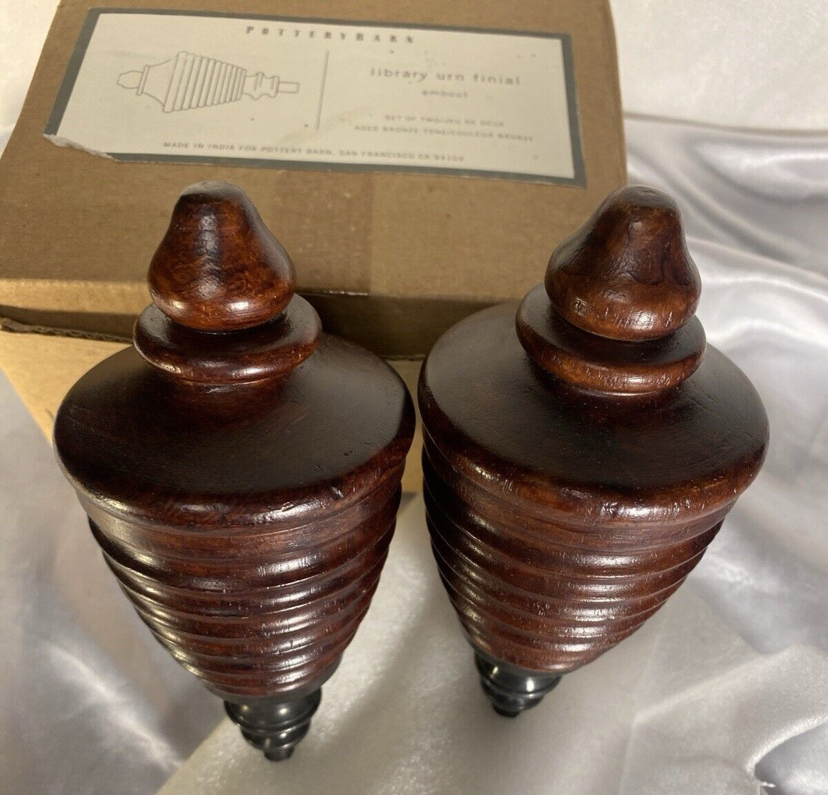 POTTERY BARN Library Urn Finials Aged Bronze Wooden Mahogany INDIA NIB-RARE