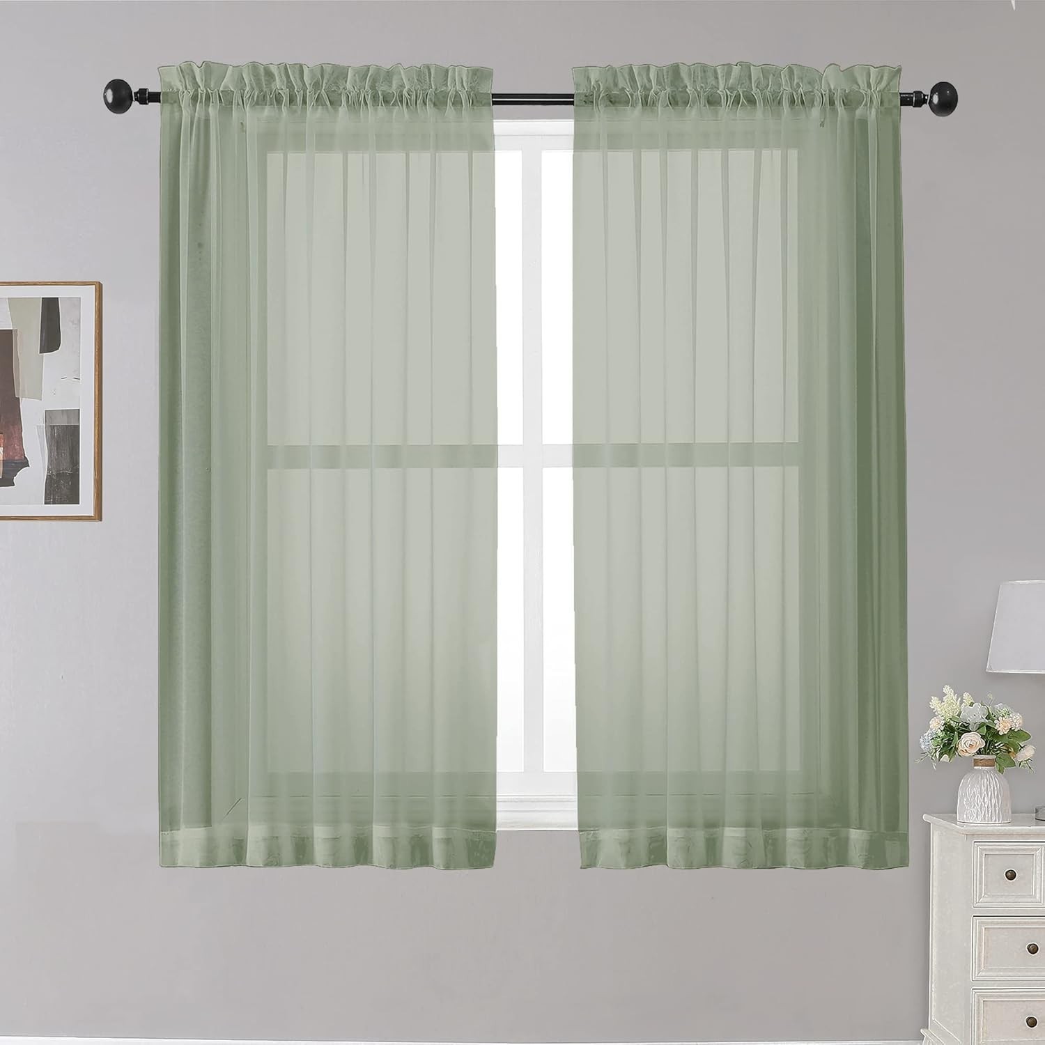 2Pack Sheer Curtains 45 Inches Long Light Filtering Small 42″W X 45″L Sage Green