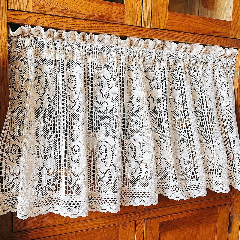 Rustic Farmhouse Hand Crochet Lace Cafe Curtain Valance Tiers Kitchen Rod Pocket
