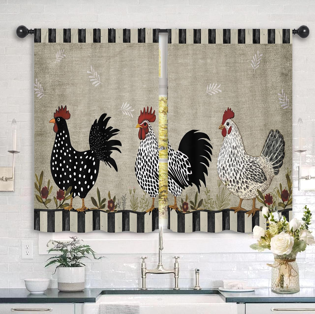 Rustic Farmhouse Rooster Kitchen Curtains 27.5W X 39L Inch Chicken Farm Country