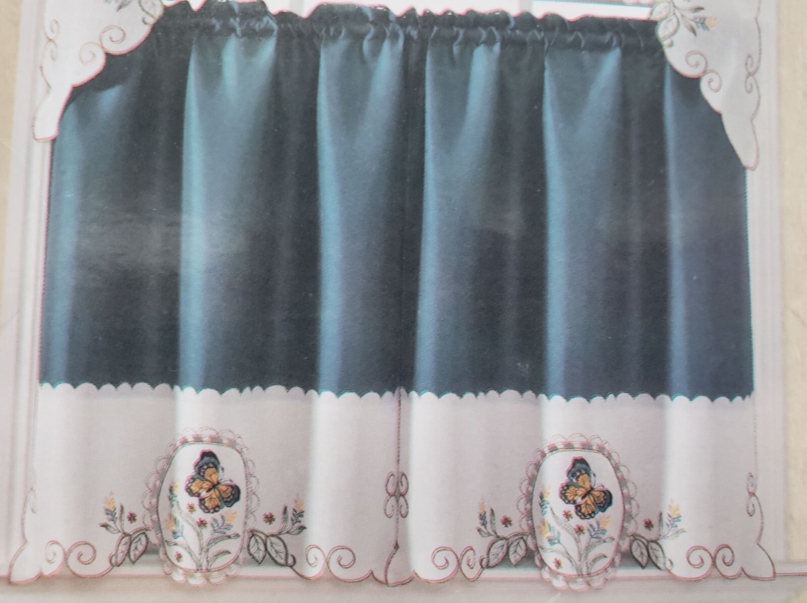 3pc. Embroidery Curtains Set:2 Tiers & Swag (60″x36″) BUTTERFLIES, blue, AL
