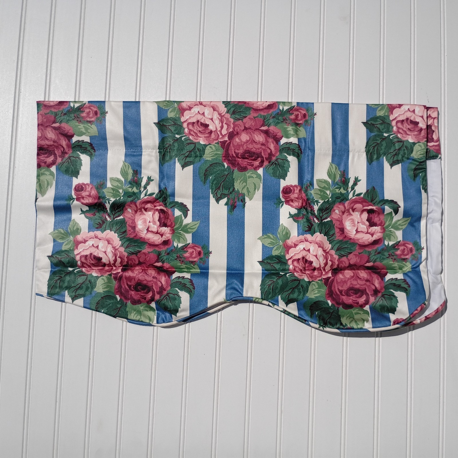 CURTRON Curtain Valance Elegant Creations Scalloped Kate Rose Blue Stripe 90s