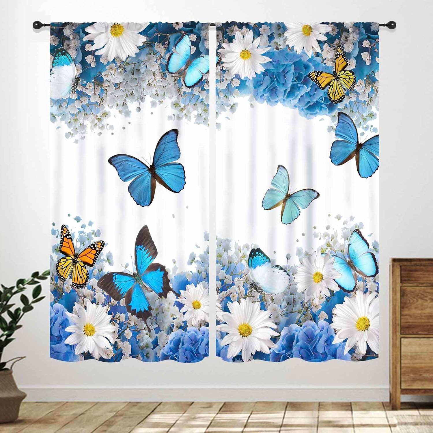 Blue Butterfly Curtain for Kitchen,Spring Country Plants Butterfly Wildflowers