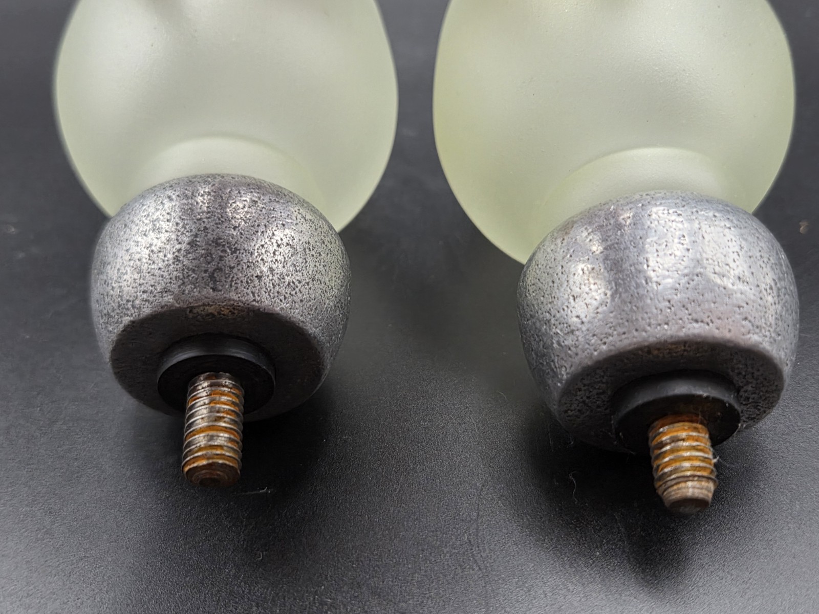2 Pottery Barn Frosted Green Glass Pewter Style Curtain Rod Finials