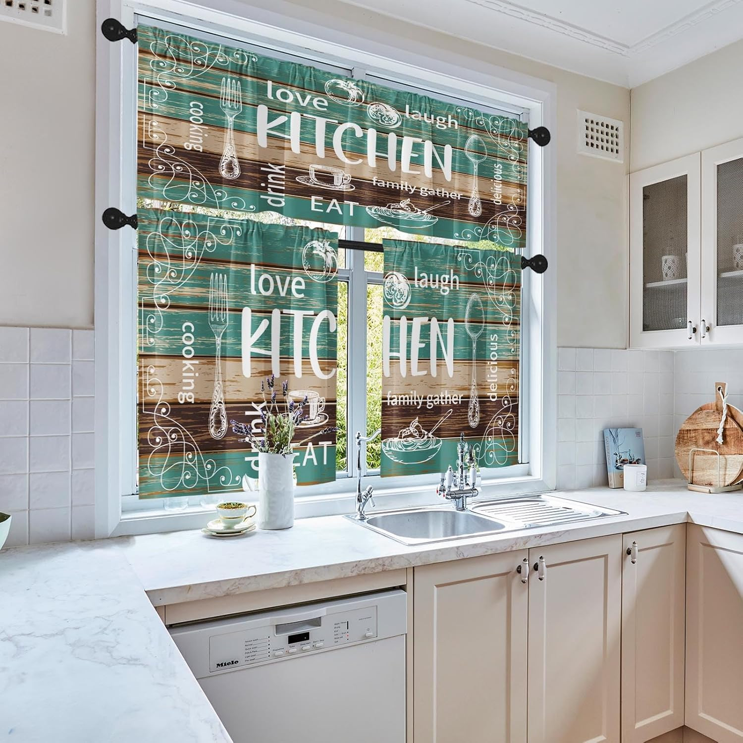 Farmhouse Rustic Kitchen Window Curtains Valance and Tier Set, Teal Turquoise Br