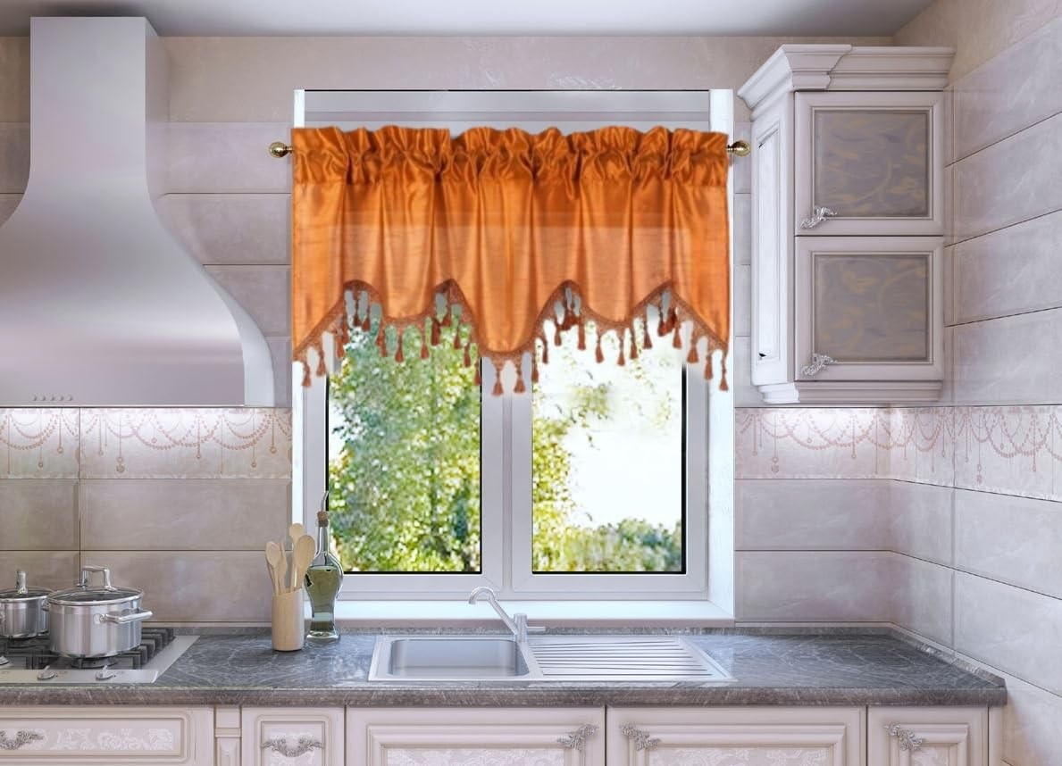 Faux Silk Solid Waterfall Curtain Valance Swag Window Treatment with Tassels
