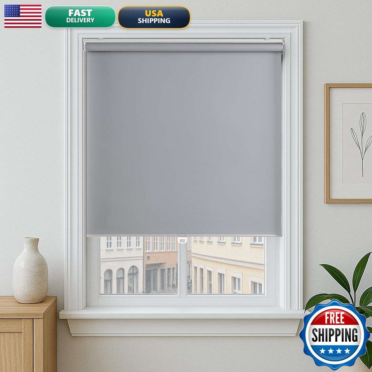 Cordless Roller Shades White 72H x 45W 100% Blackout Fixed Window Blinds Grey