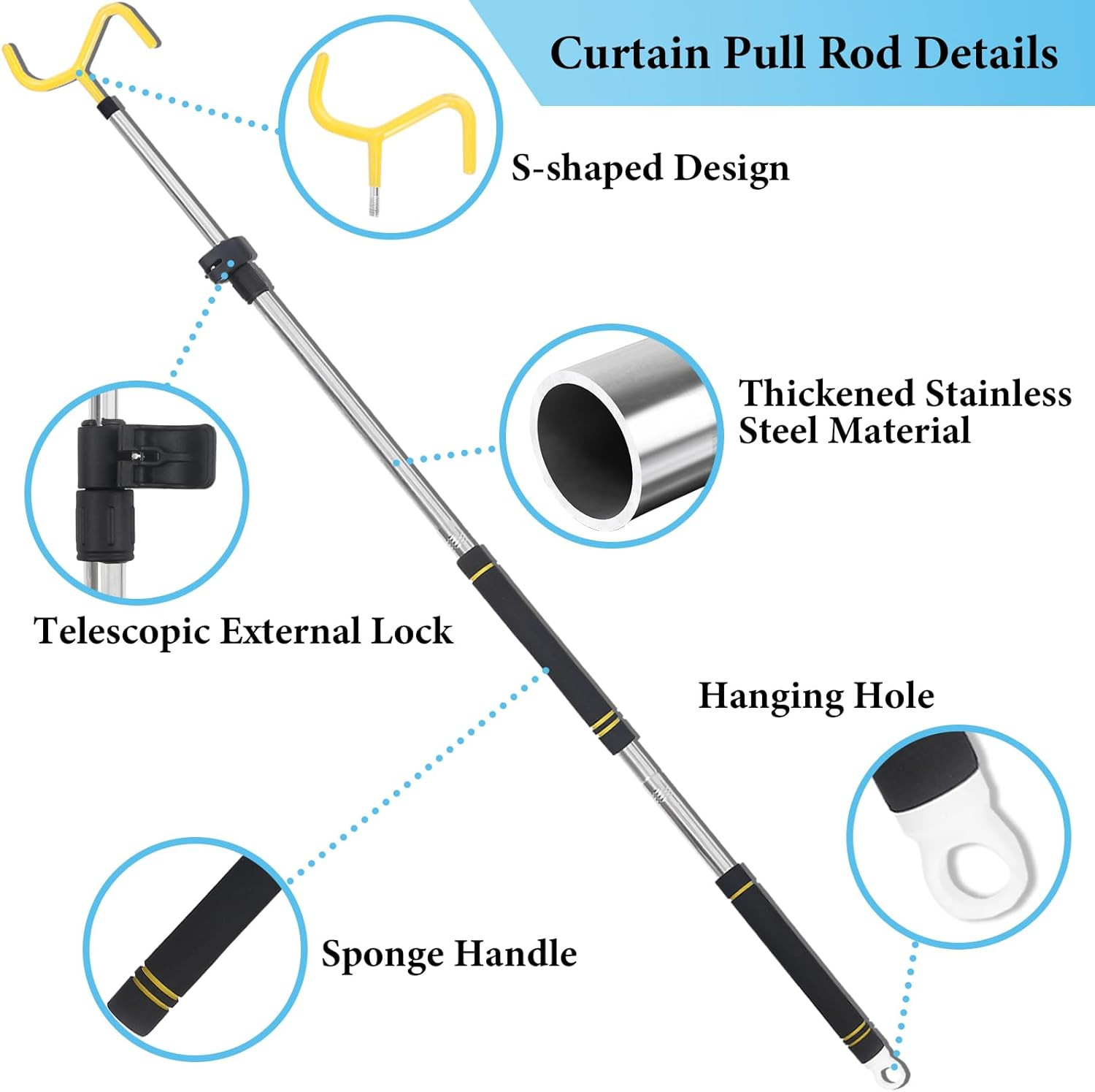 Curtain Pull Wand, Drapery Pull Rod for Curtains Adjustable 3-7.7 Feet Telescopi