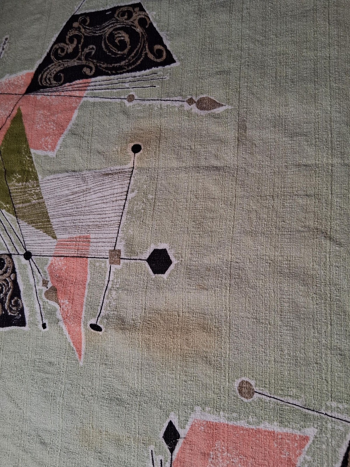 Vintage Atomic Mid Century Modern Curtain Drapery Panel Green Abstract Cotton