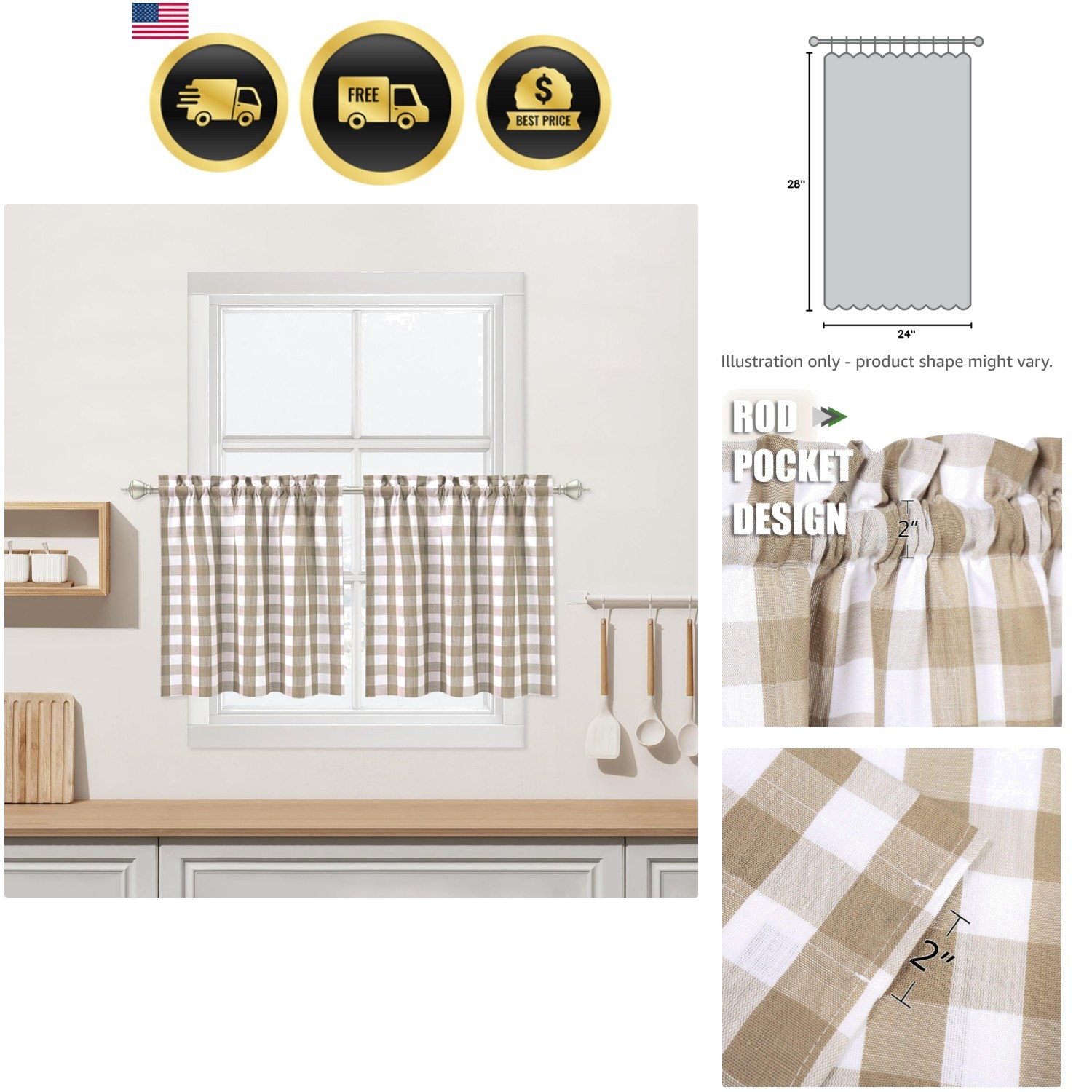 Beige Buffalo Plaid Cafe Curtains Farmhouse Tiers Kitchen Curtain 24 Inches L…