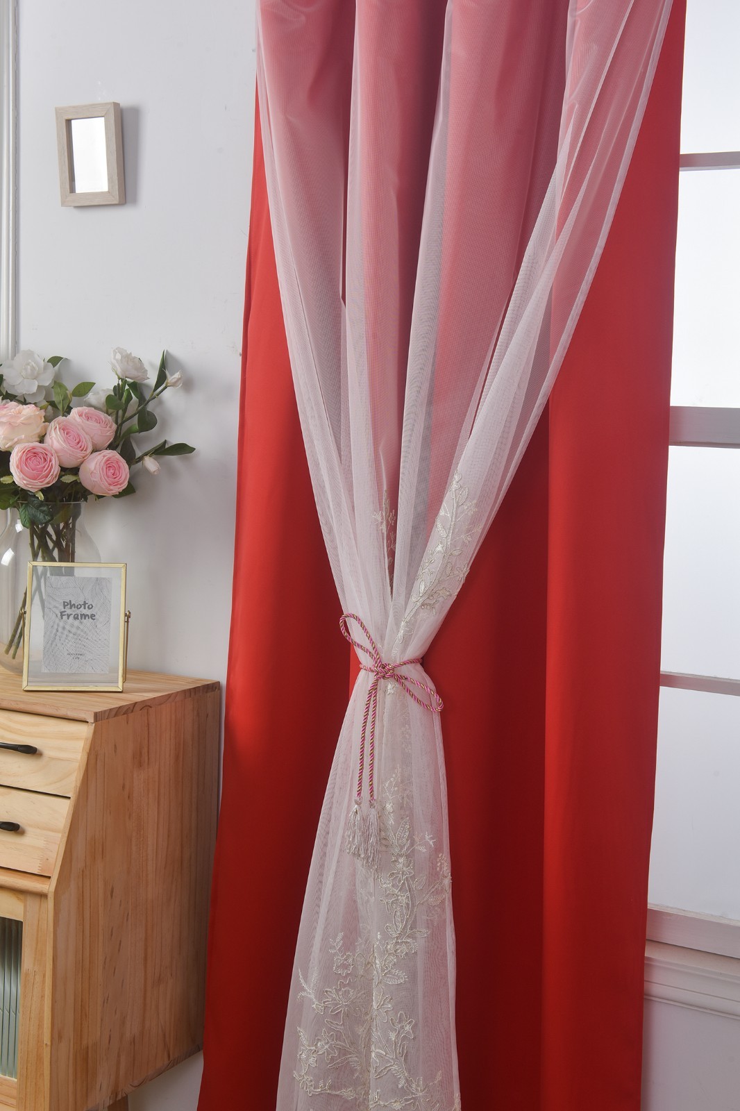 Red Double Layer Curtains 52x72inch, Embroidered Sheer Overlay Soild Curtains
