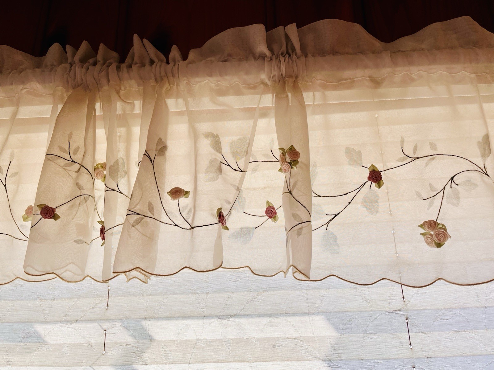 Sheer Valances Embroidered & Hand Sewn with 3D Rosebuds 2 Sets