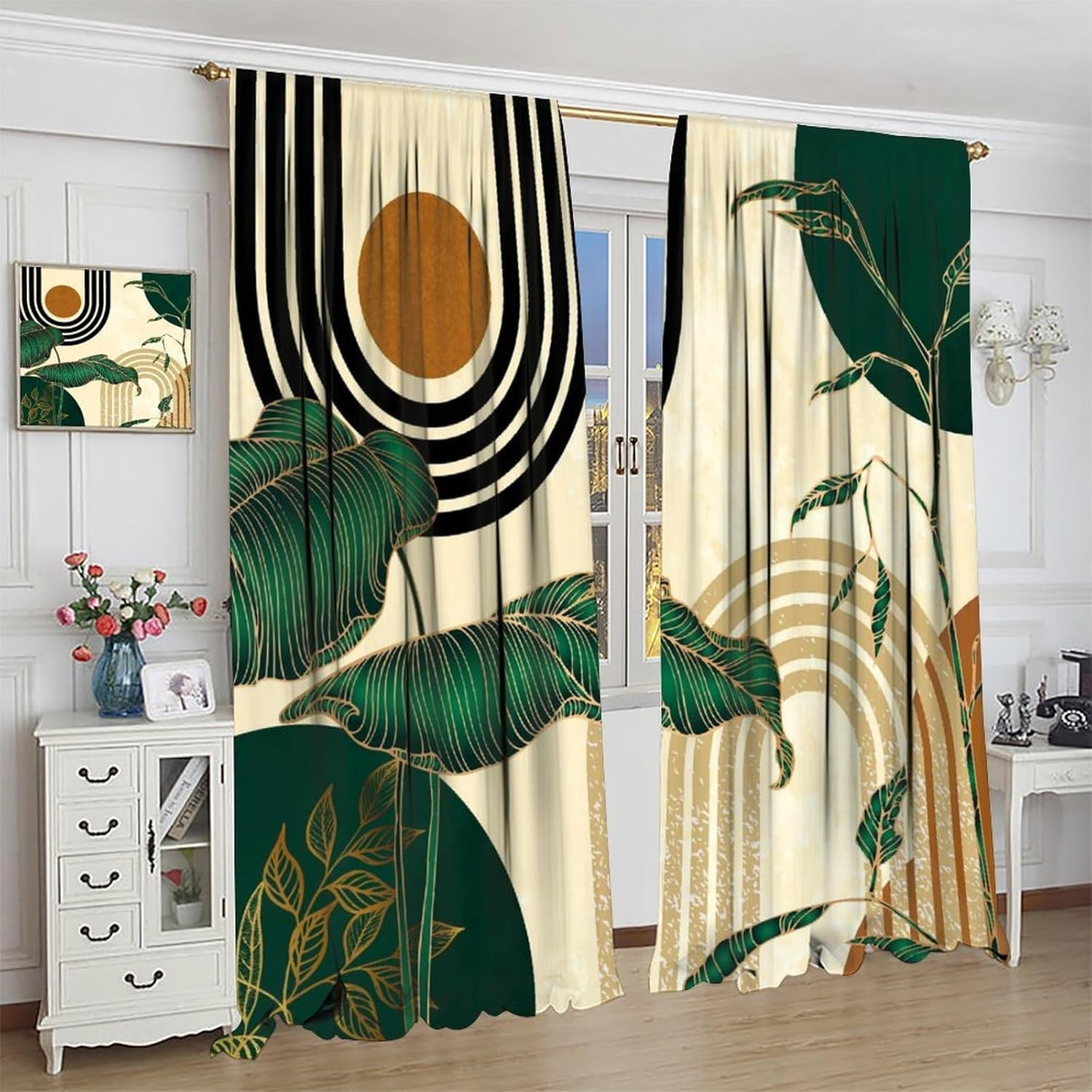 Green Boho Modern Curtains,Abstract Minimalist Retro Mid Century Art Printed Win