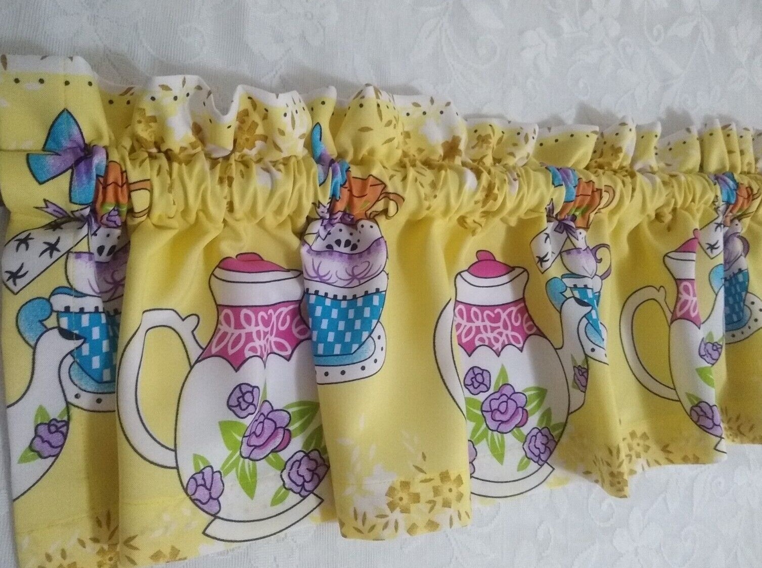 Teapot Kitchen Valance 12″ & 14″ Teacup Prints Teatime Lined Kitchen Valance