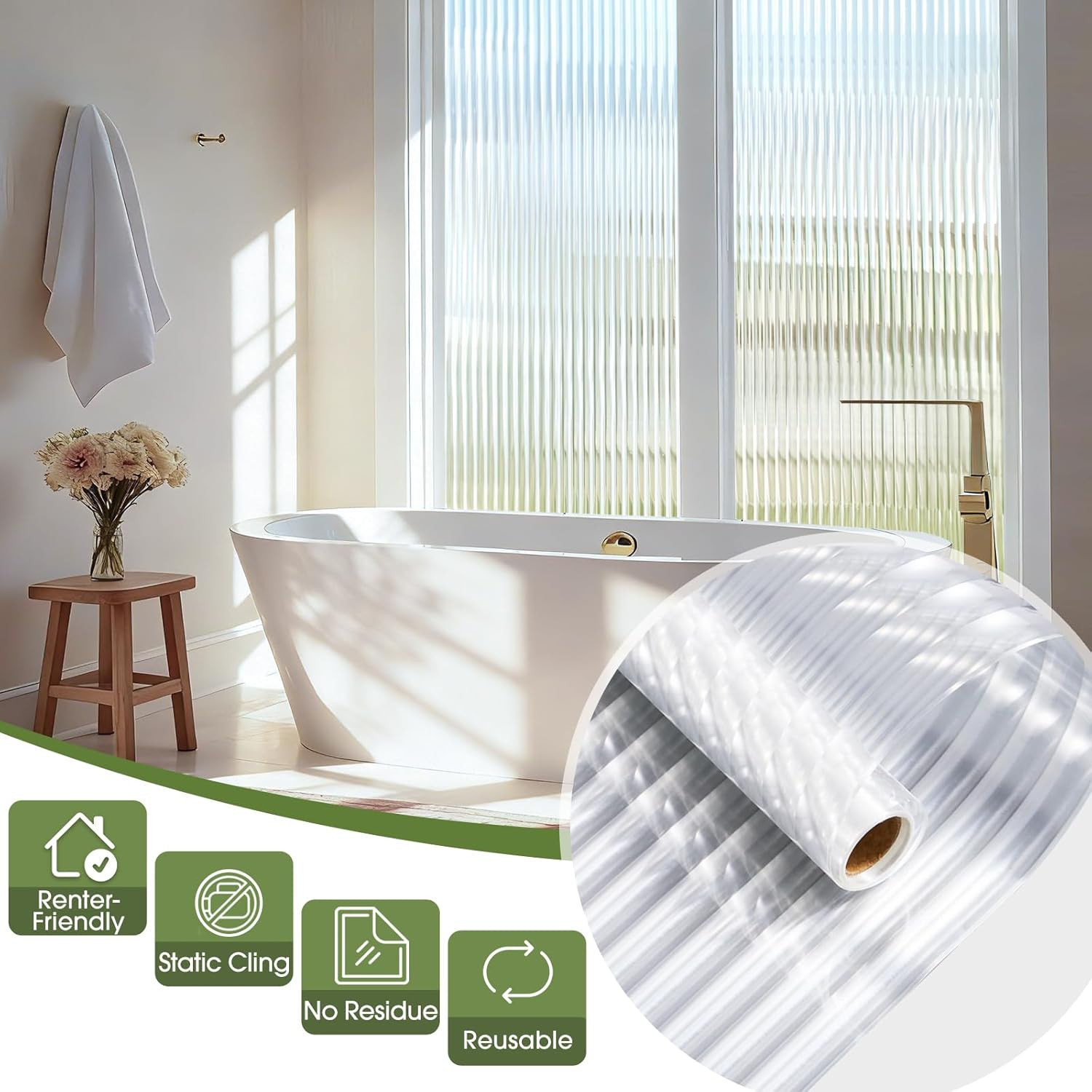 Reeded Glass Privacy Window Film with 3 Tools, 3D Decorative Fluted Frosted Patt
