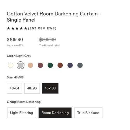 NWOT QUINCE Light Grey Room Darkening Cotton Velvet Modern Luxury Curtain 48×108