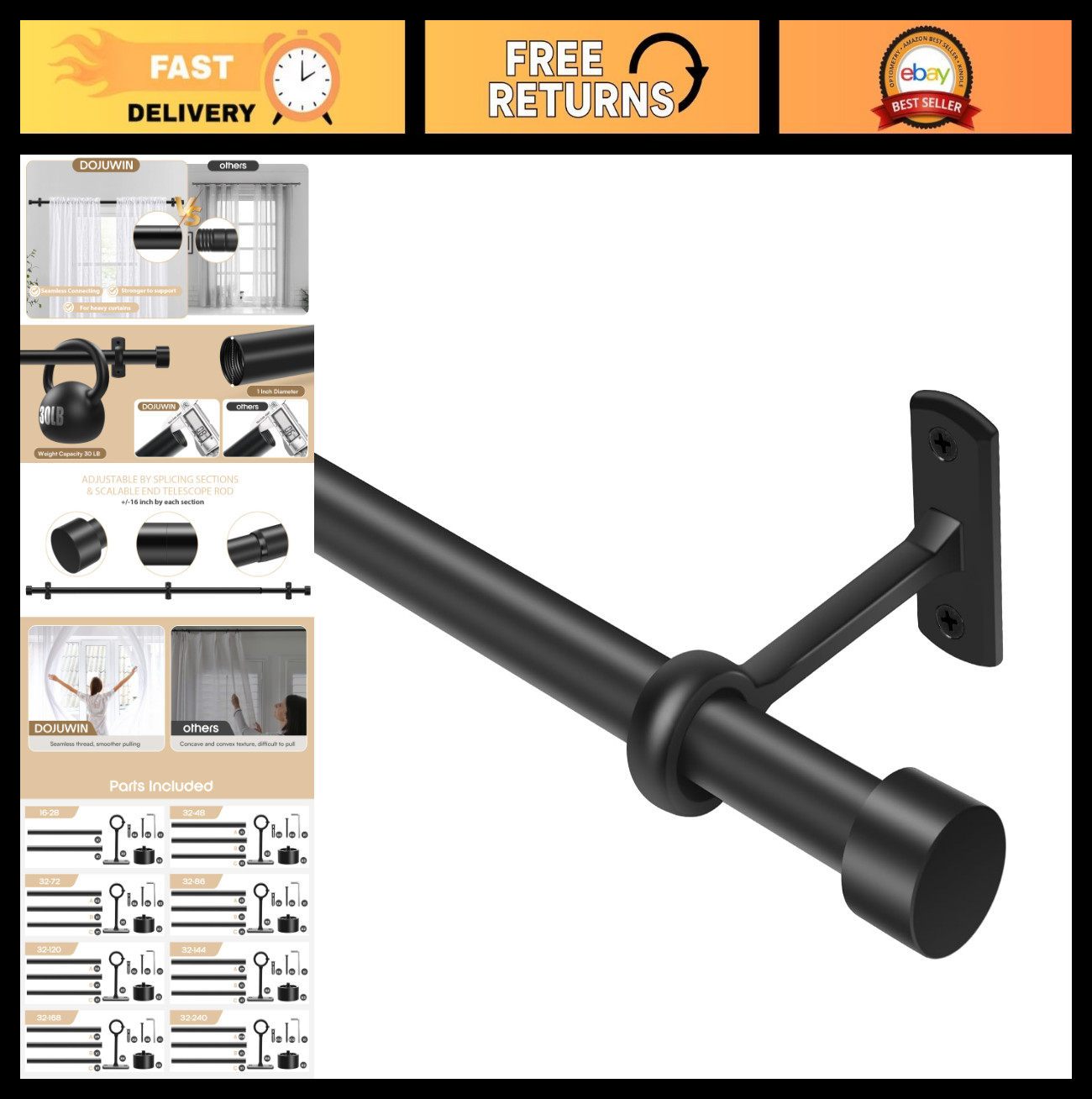 Extra Long Matte Black Curtain Rod 120-168 Inch, Heavy Duty Drapery Rod for Larg