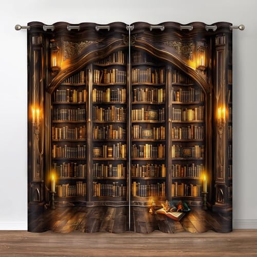 Vintage Bookshelf Blackout Curtains Library 52″W x 63″L (Pack of 2) Bookshelf3