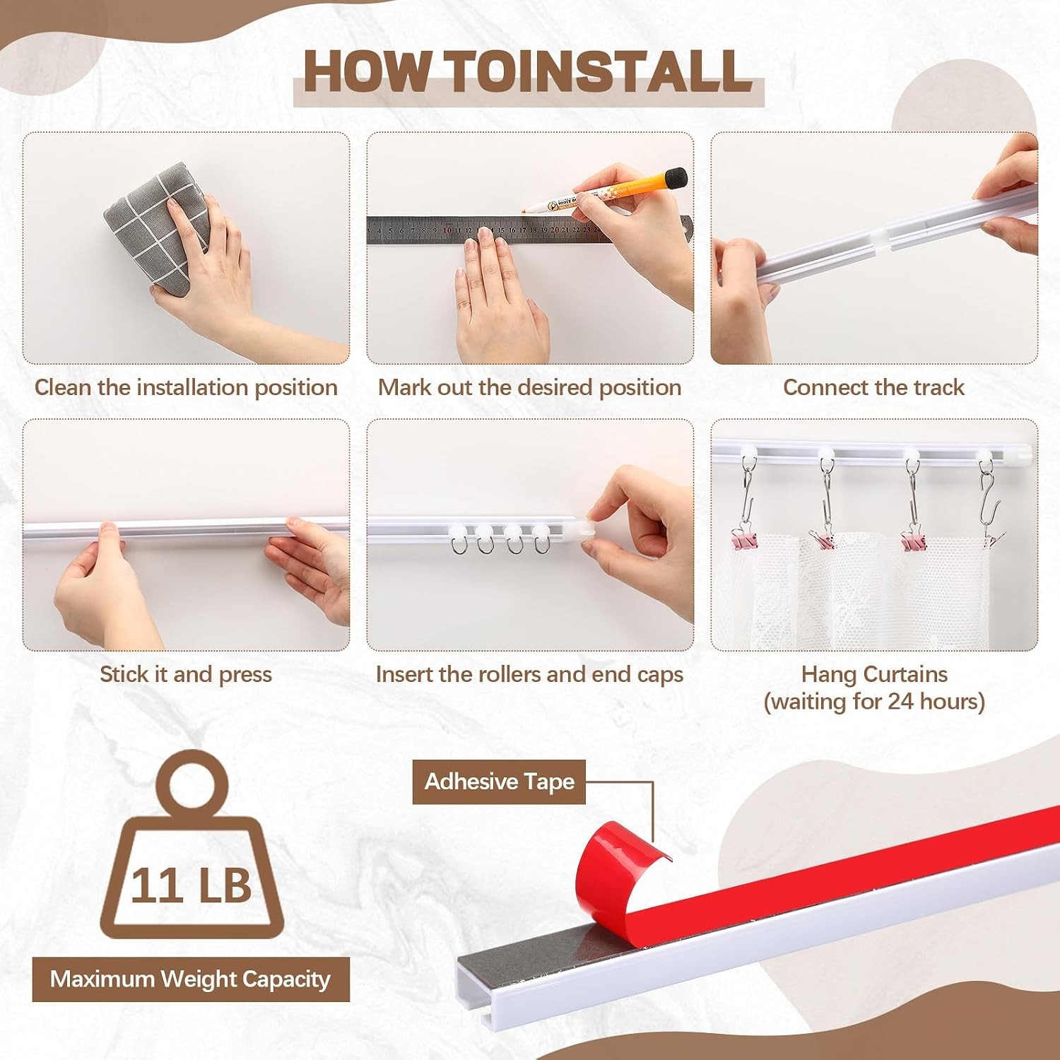 5.25 FT/63 IN Self Adhesive Ceiling Curtain Track Rail No Drill Rod Screws or
