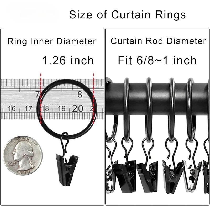 20PCS Curtain Rings with Clips Metal Drapery Hooks for 1in Curtain Rods