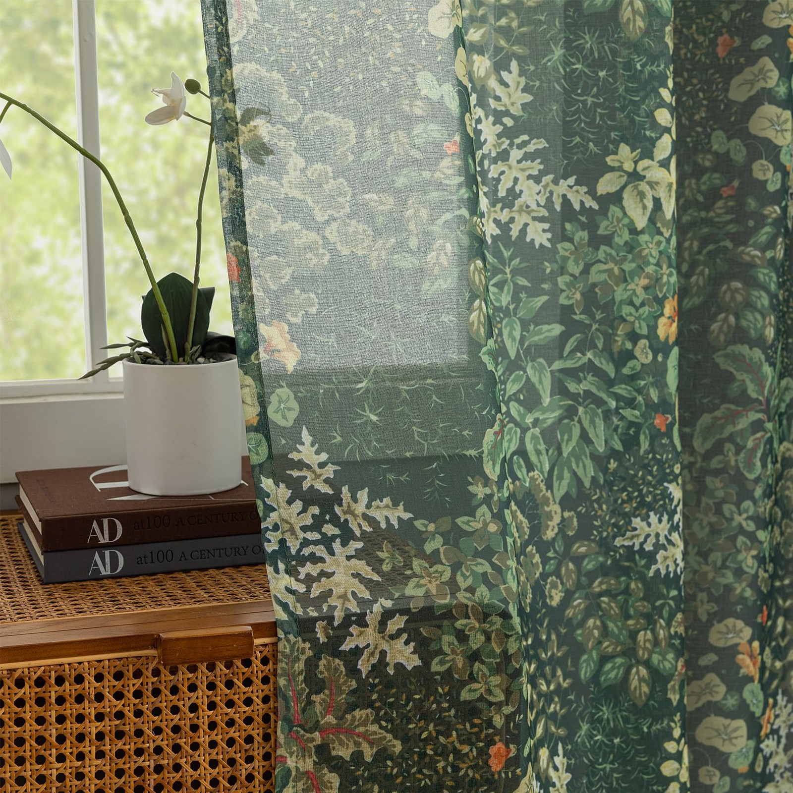 Dark Green Sheer Curtains 84 Inches Long 2 Panels Leaf Floral Pattened Vintag…
