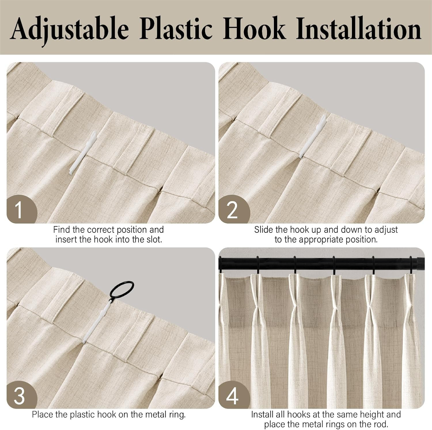 Pinch Pleated Thick Linen Curtains 90 Inches 4 Panels Set Ivory Cream Back Tab M