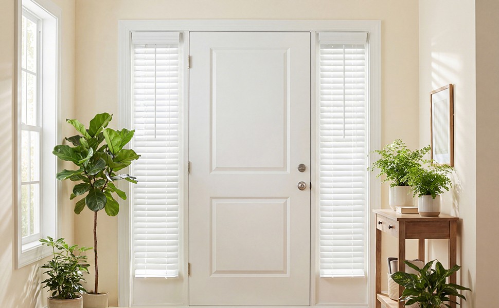 2 Pack 8.5” x 72” Cordless Sidelight Blinds 2” Horizontal White Faux Wood