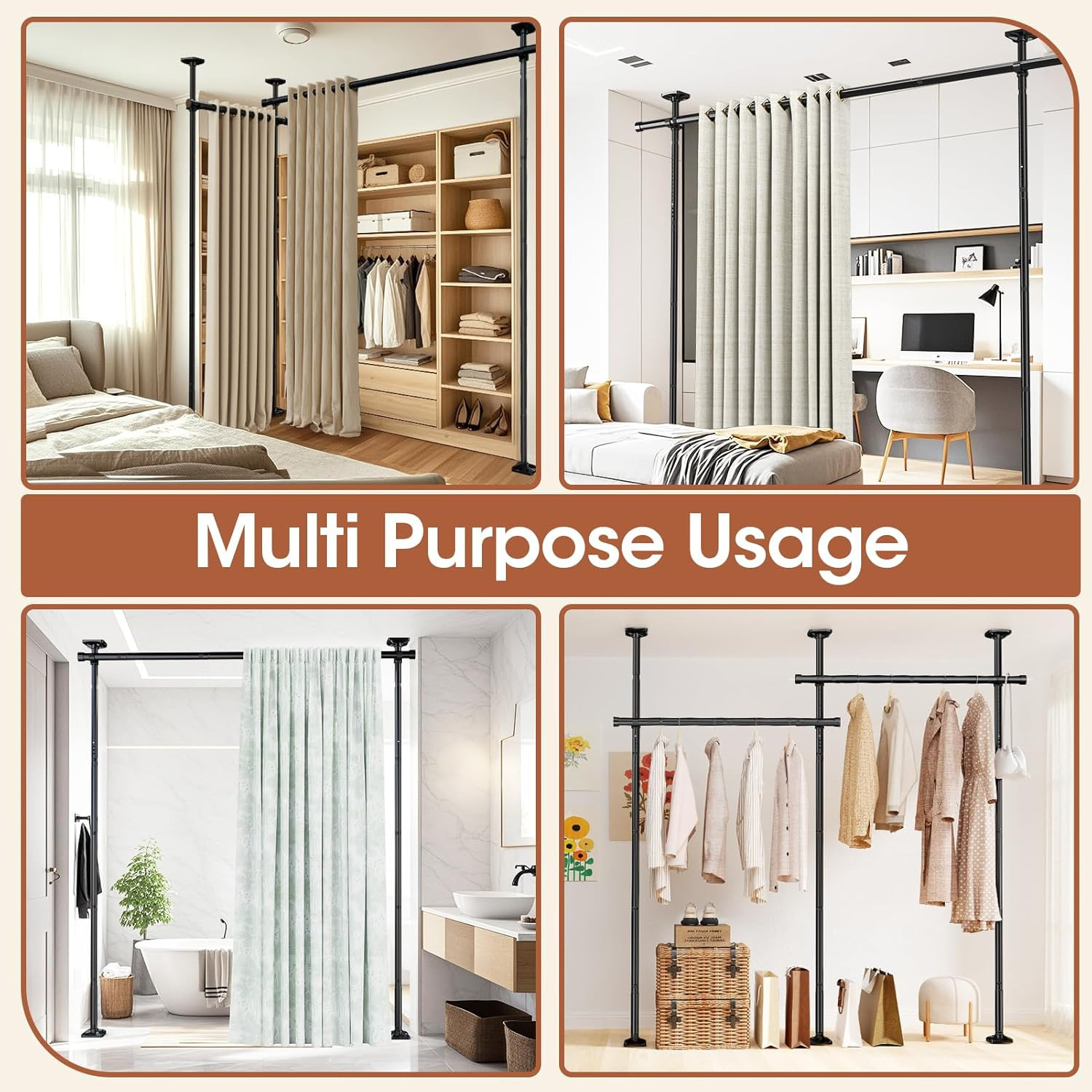 Room Divider No Drilling Curtain Rod Wall Divider for Room Separation, 4-10Ft(H)