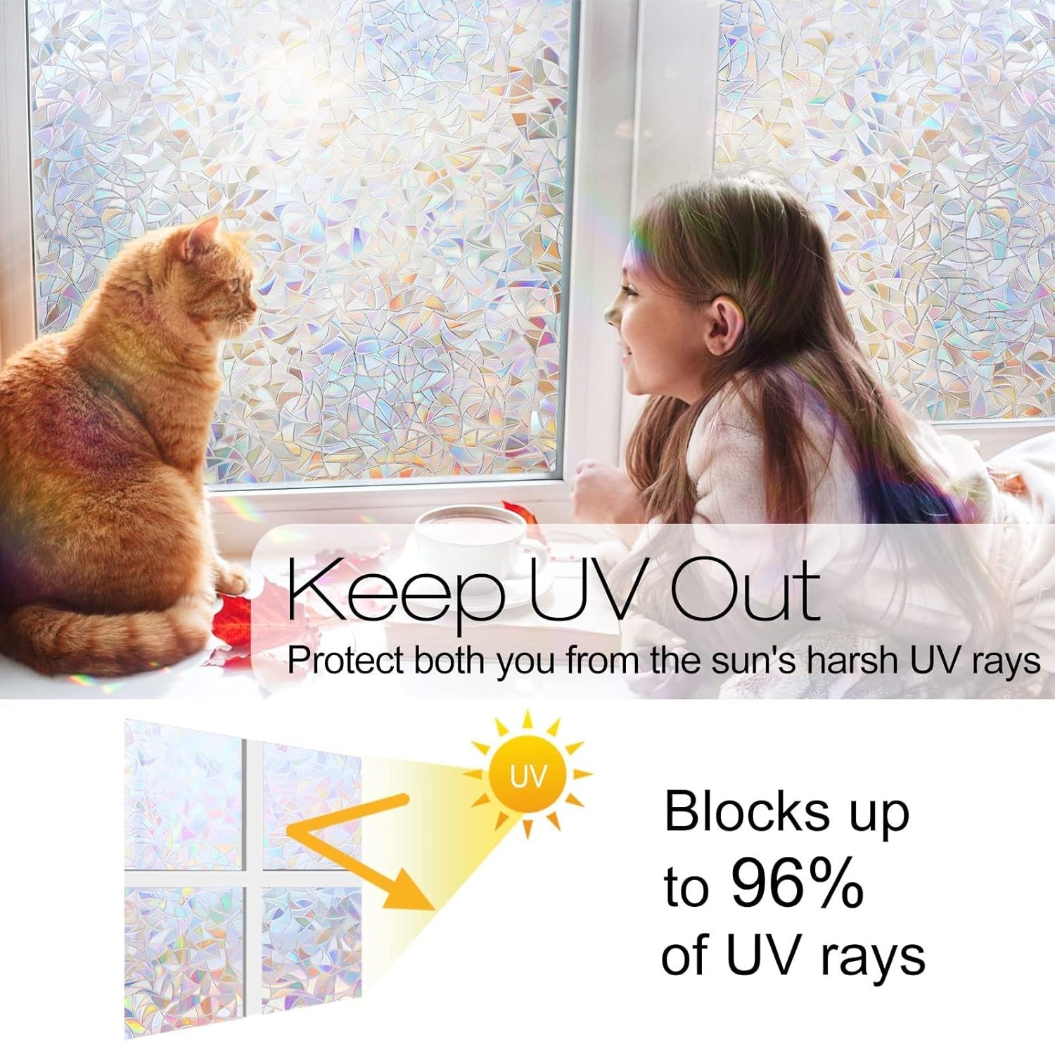 Non-Adhesive 3D Rainbow Window Film, UV Protection, Easy Install, 17.5 x 78.7