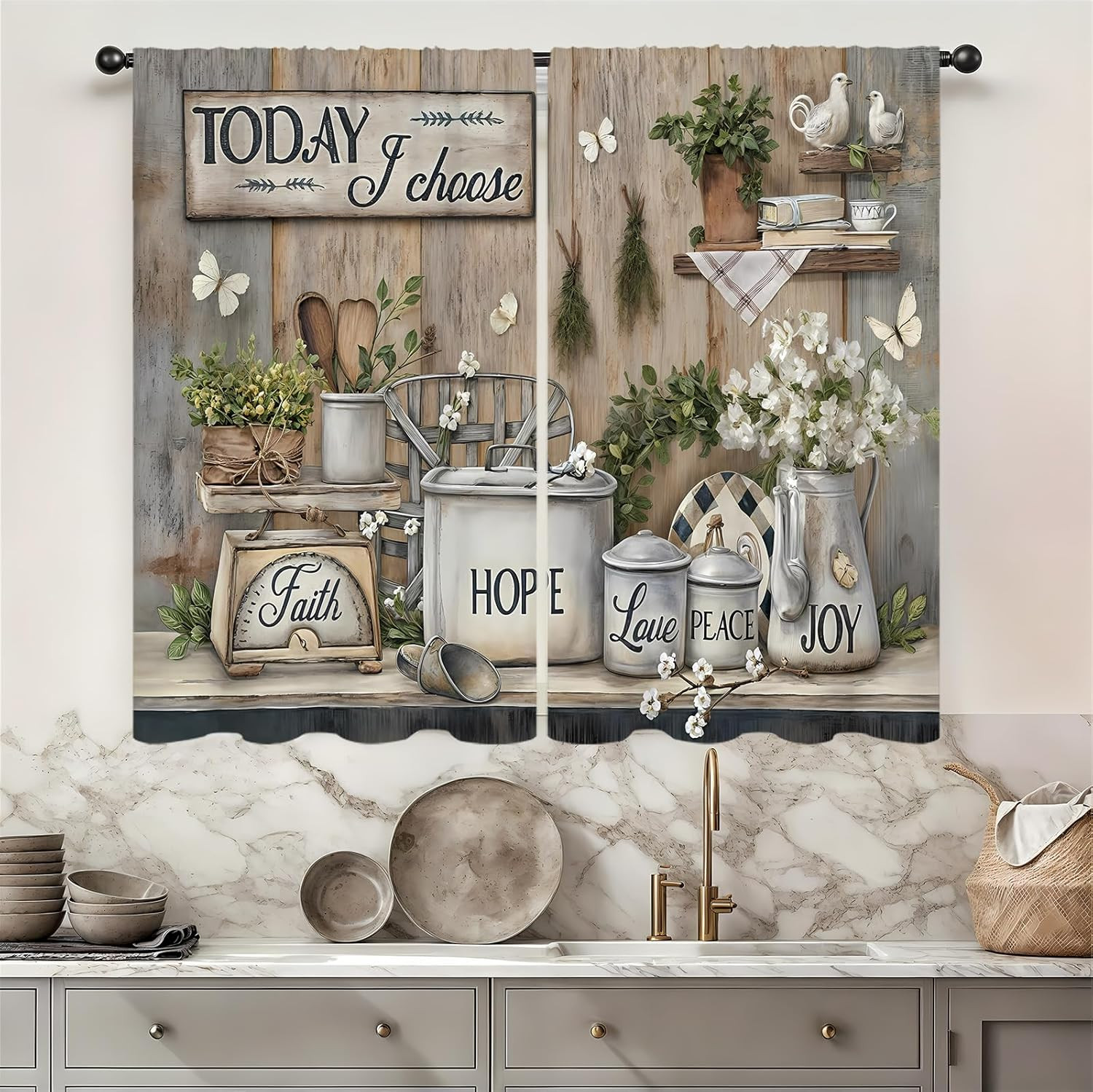 Rustic Farmhouse Kitchen Curtains 27.5W X 39L Inch 2 Panel Rod Pocket Vintage Ta