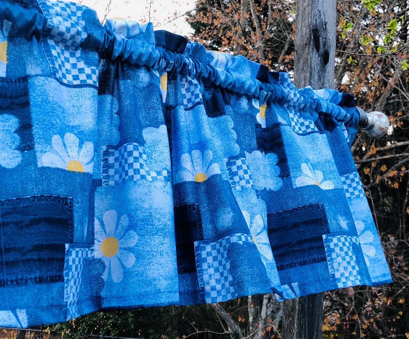 Blue Patchwork Valance Daisy Wildflower Boho Kitchen Farmhouse Curtain t10/3