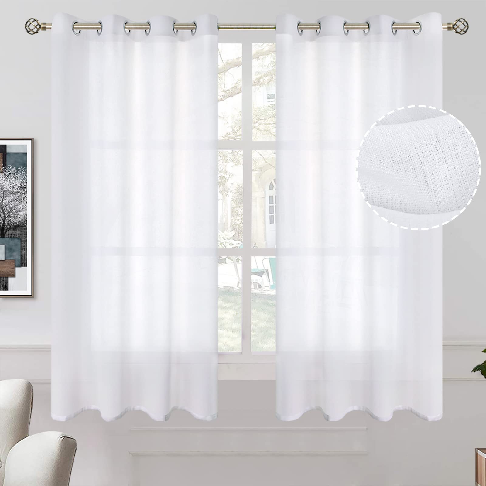 BGment Linen Look Semi Sheer Curtains for Bedroom, 52 x 54 Inch White Grommet