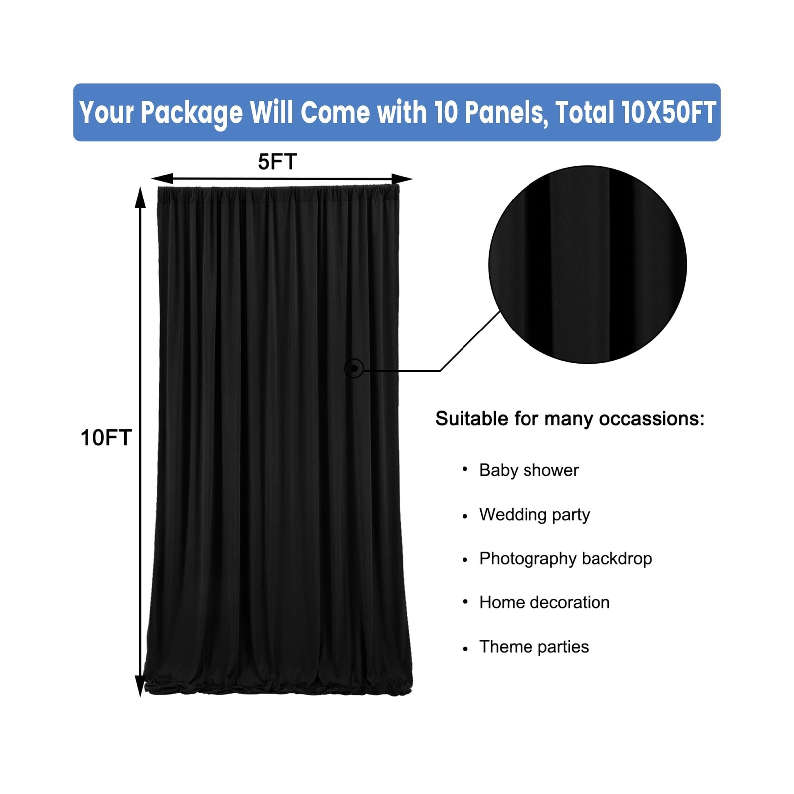 10ftx50ft Black Wrinkle-Free Backdrop Curtain Drapes, 10 Panels Thick 5ftx10f…