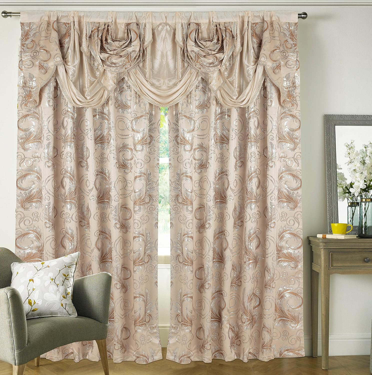Jacquard Luxury Window 2 Panel Set Beige Curtain with Attached Valance and Backi