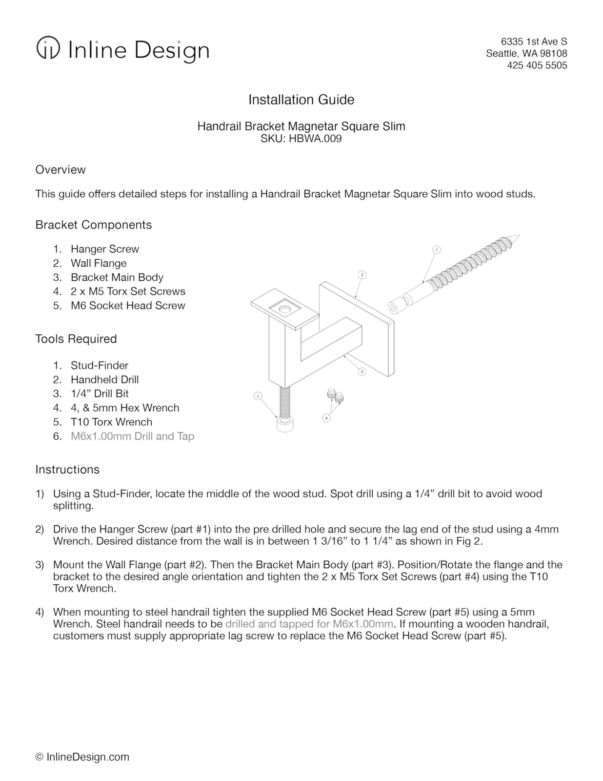 Stainless Steel Handrail Wall Bracket Square for Flat Bottom Tube Slim