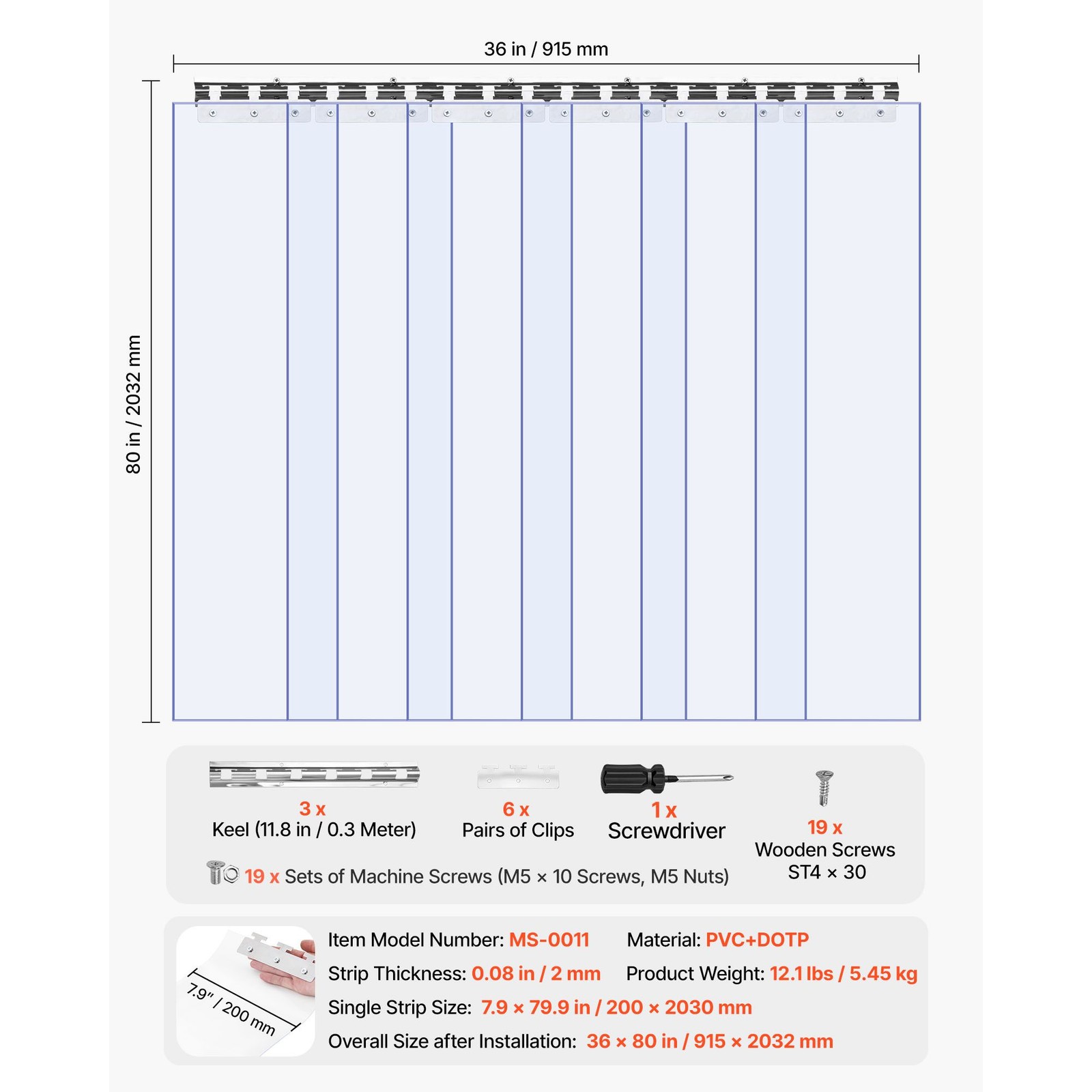 Clear PVC Strip Curtain 80in x 36in, 0.08in Thick, 6-Piece for Freezer & Garage