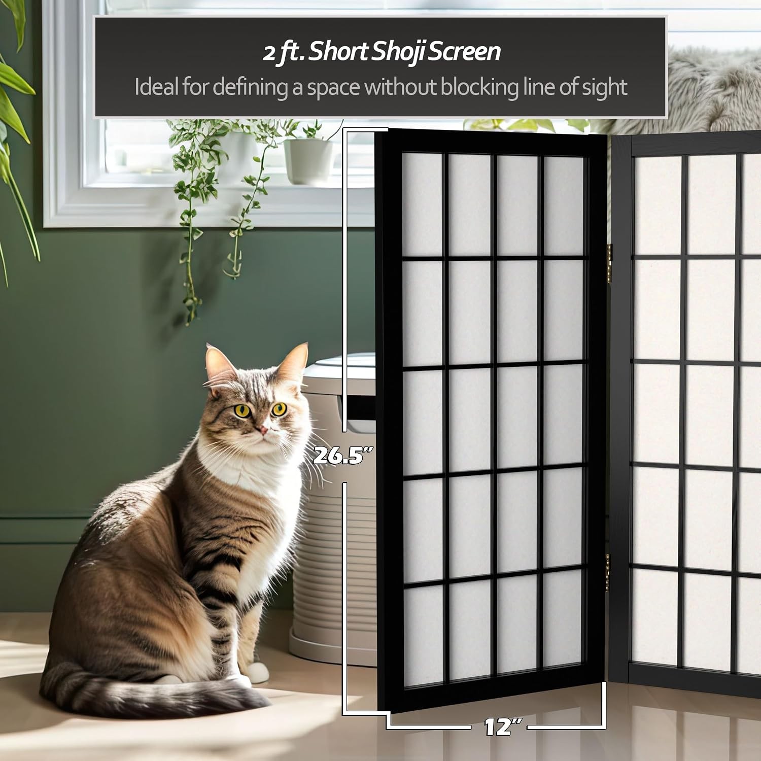 2 ft. Short Desktop Window Pane Shoji Screen – Black – 6 Panels