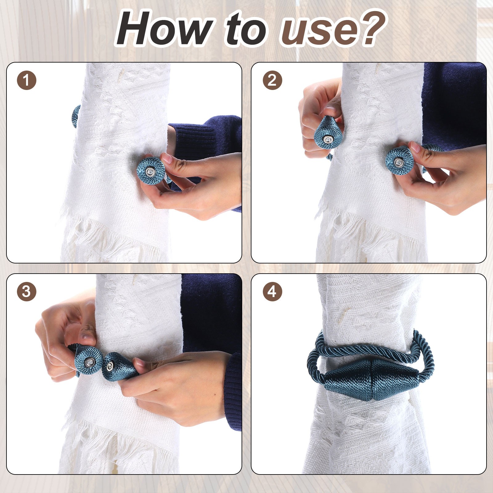 4Pcs Magnetic Curtain Tiebacks Modern Weave Curtain Tie Backs Silver Gray]
