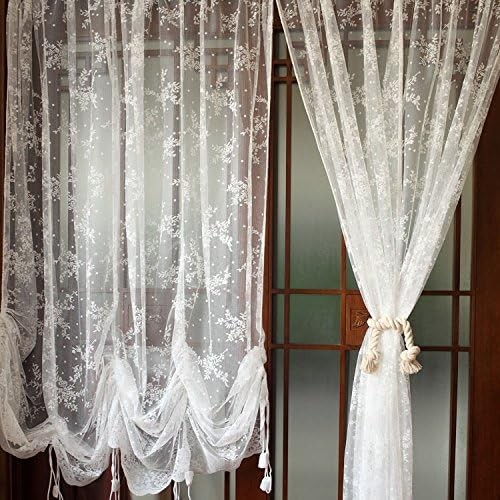 Lace Balloon Curtain White Adjustable Tie-Up Curtain Shade, Embroidered Semi