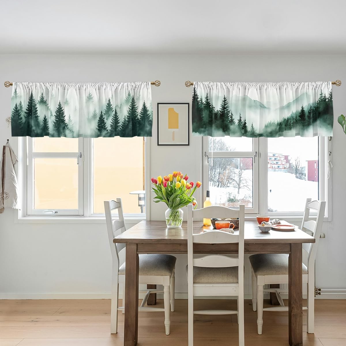 Forest Valance Curtain for Windows 2 Pack Misty Green Pine Nature Tree Mounta…