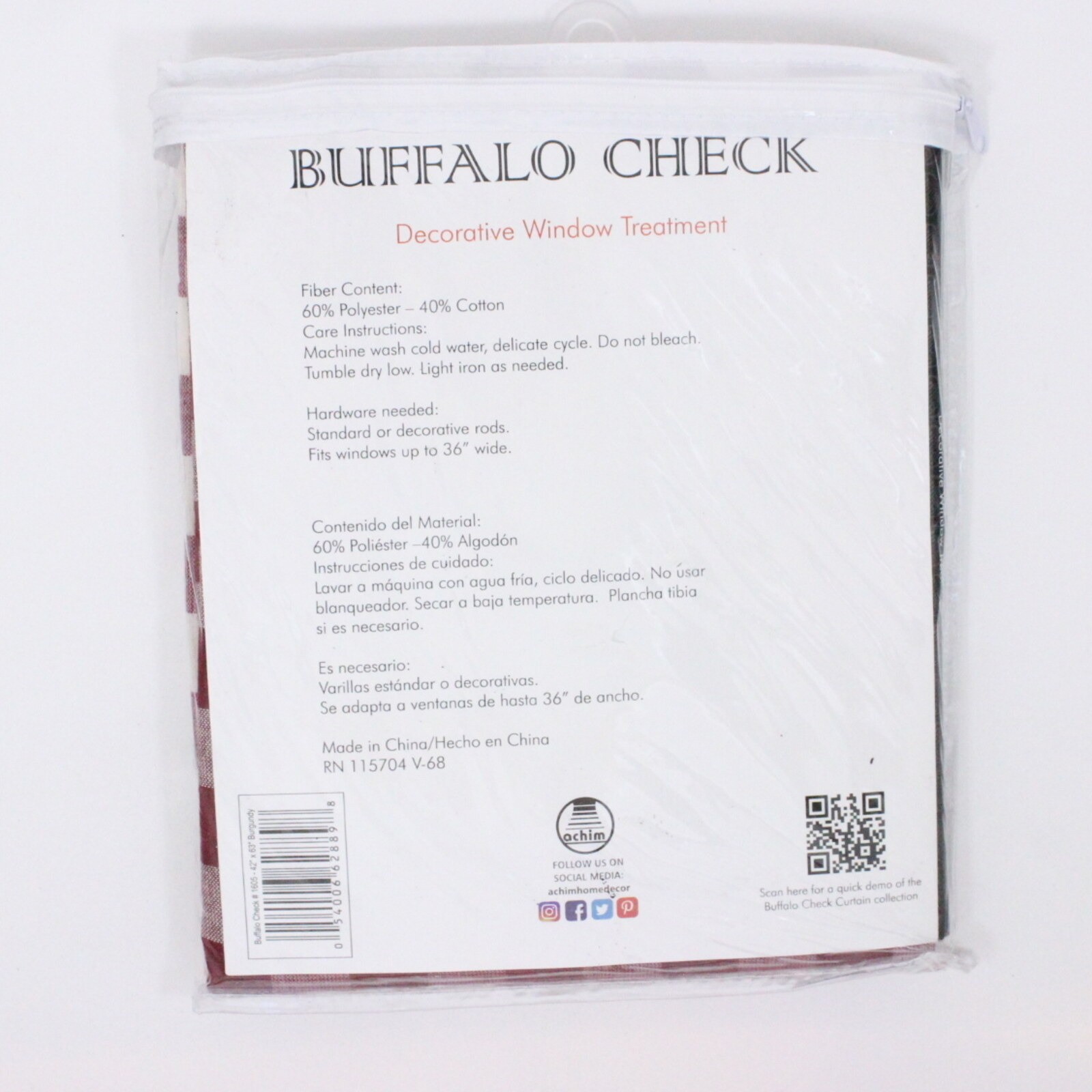 Achim Buffalo Check Curtain Panel 42″ x 63″ Burgundy Rod Pocket Light Filtering