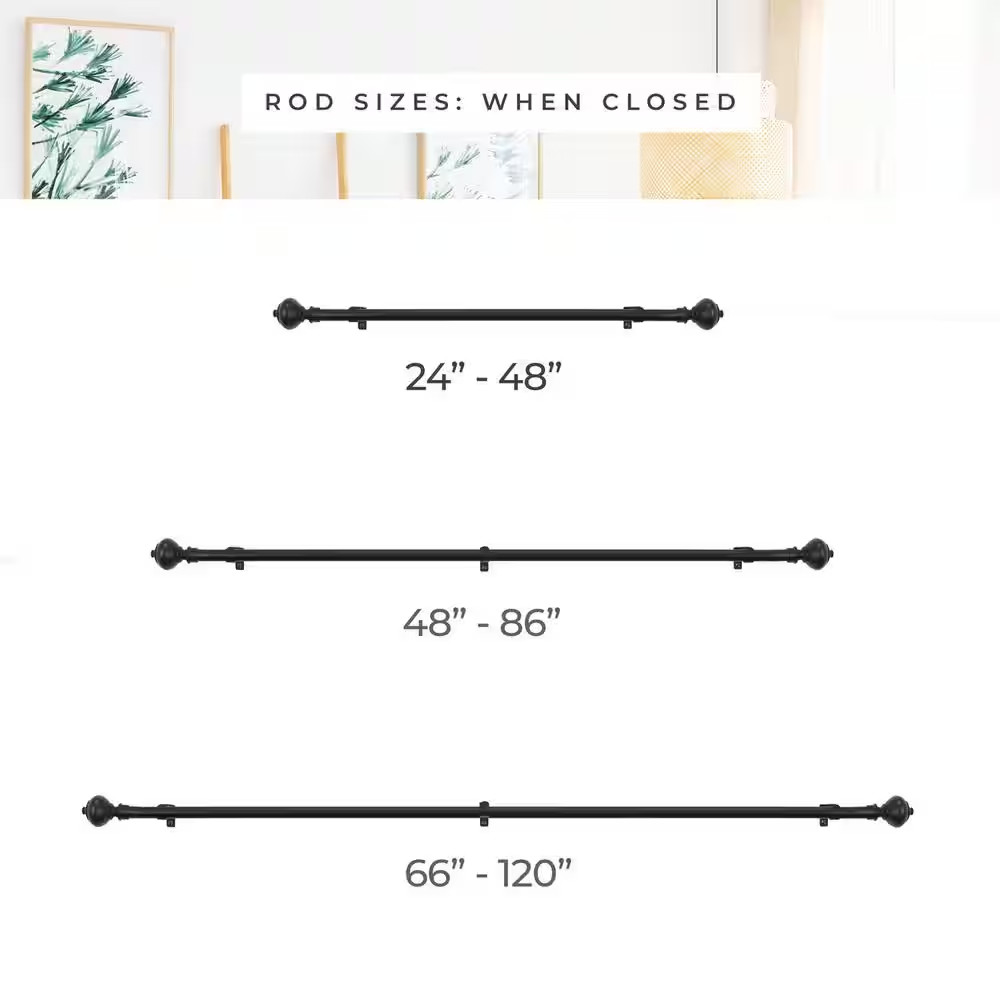 48 In. – 86 In. Telescoping 3/4 In. Single Curtain Rod in Pietro Black