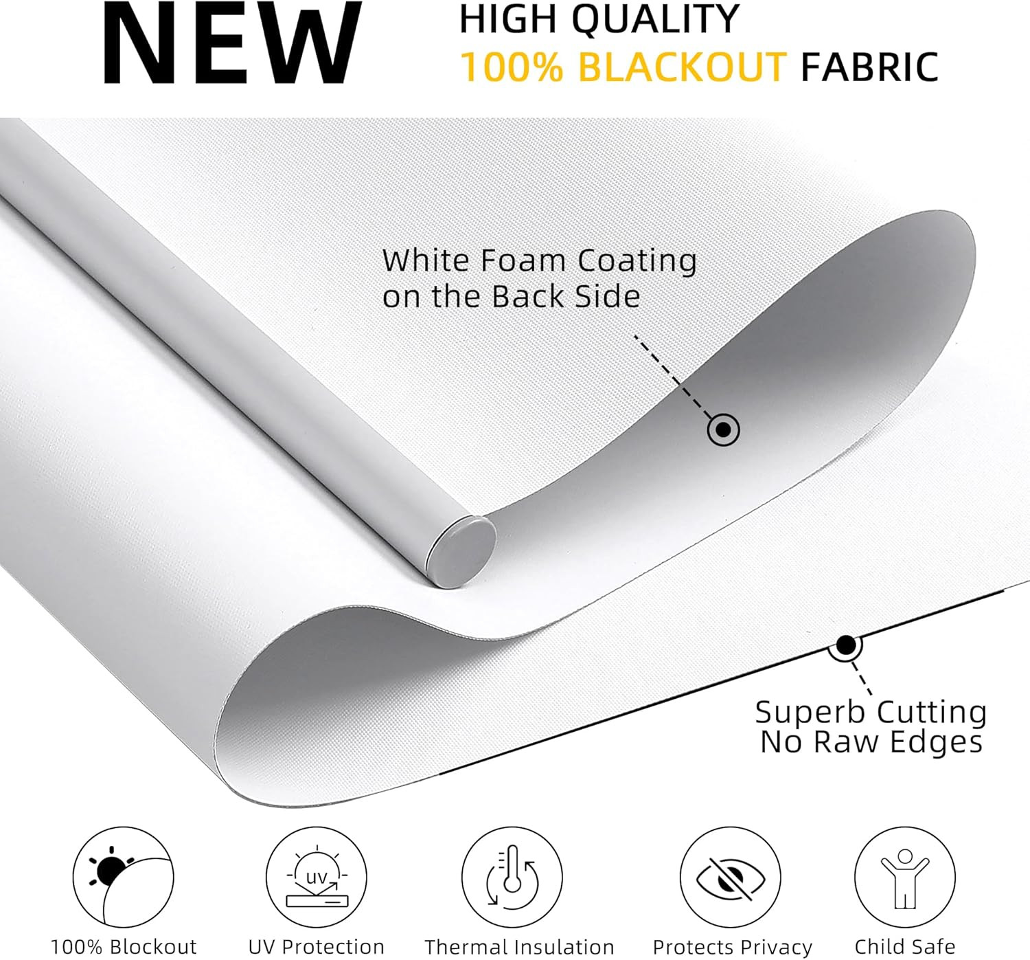 Cordless 100% Blackout Roller Blinds, White, 48″ W x 72″ H, UV Protection