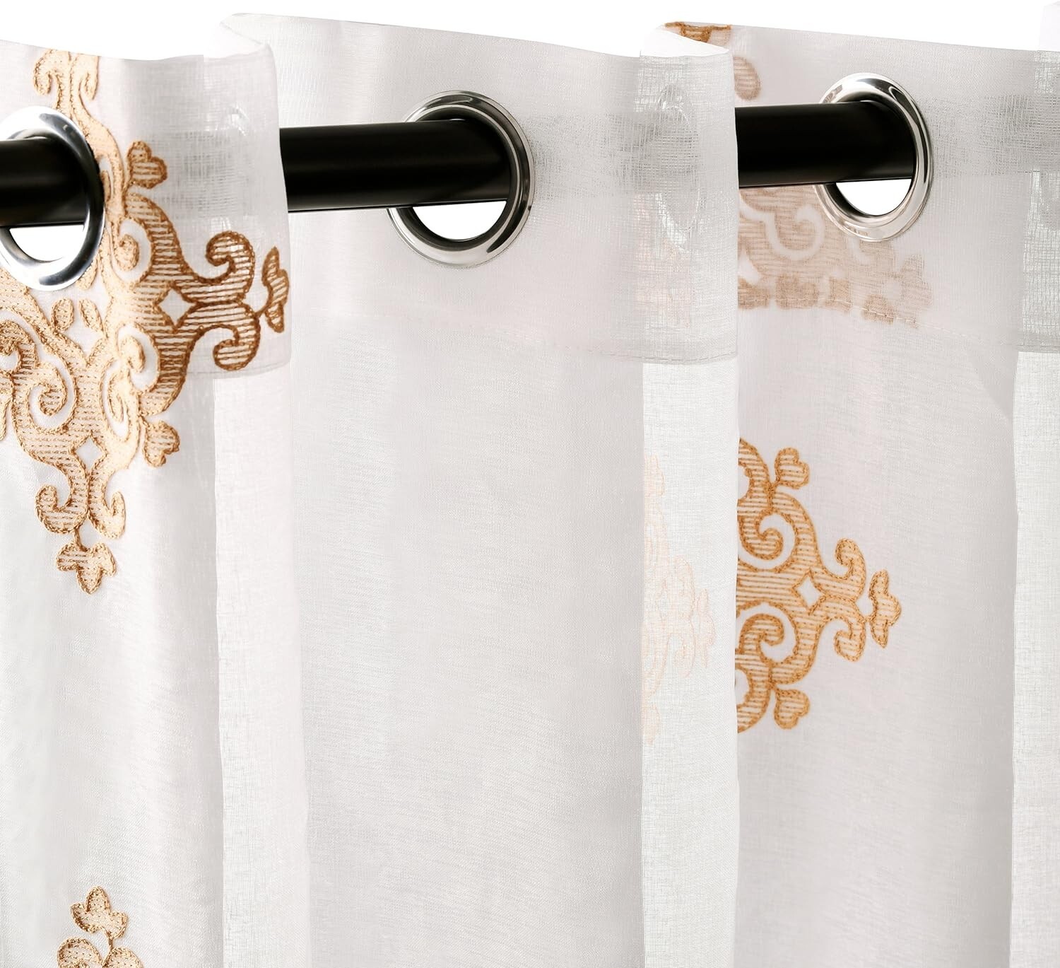 SUPERIOR Embroidered Damask Sheer Gold Grommets Window 108 inches 2 panels